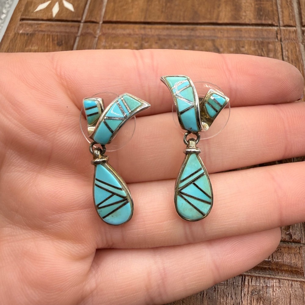 Sterling Silver Earrings Turquoise Geometric Inlay Drop Dangle Hong Kong